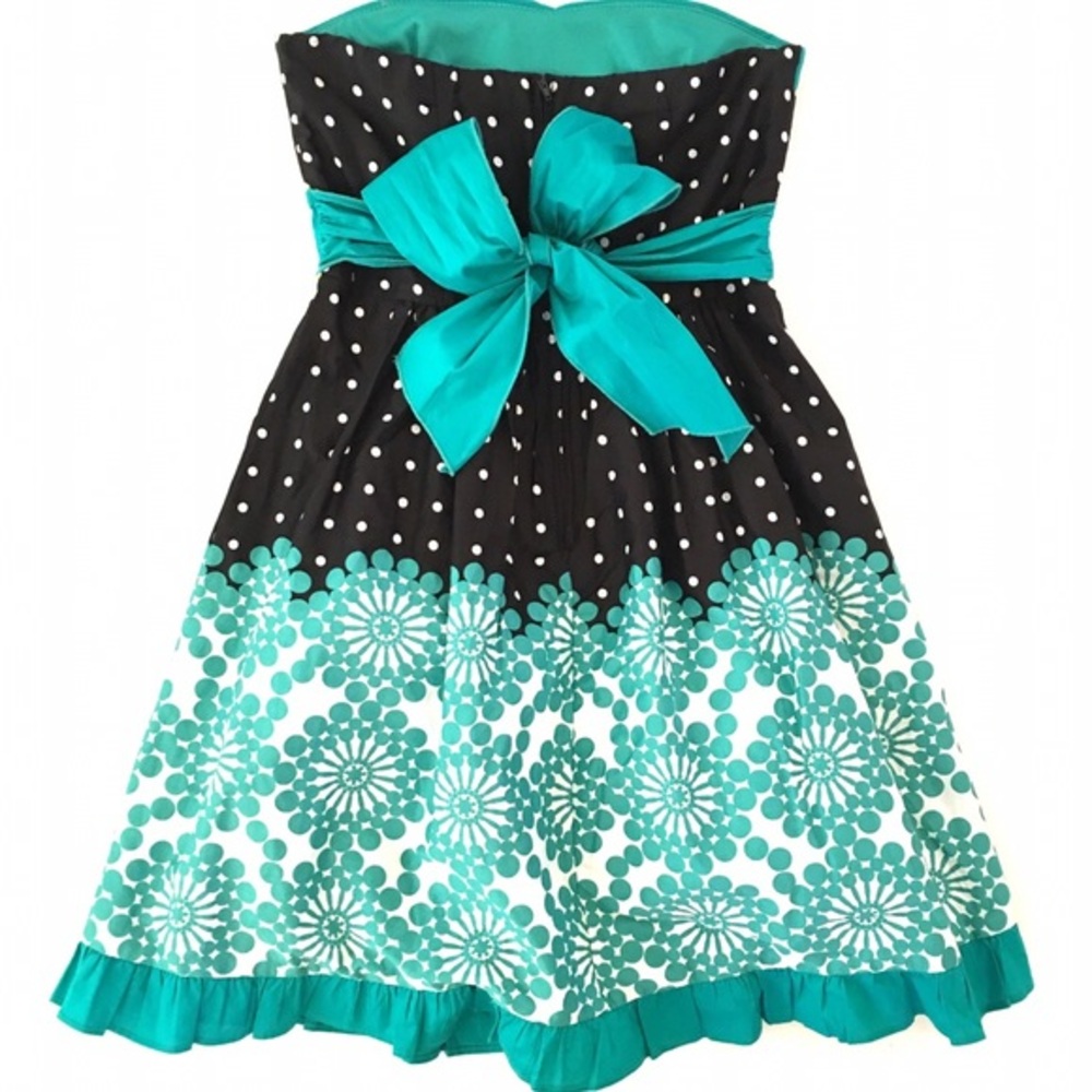Black & Turquoise Polka Dot Strapless Floral Dress